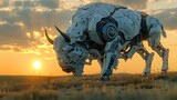 Futuristic Mechanical Bison Grazing Under Serene Sunset on Open Plains