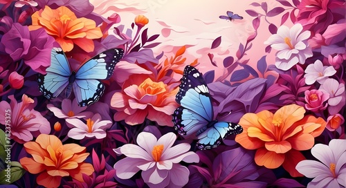 At dawn, vibrant purple tropical butterflies flutter over vibrant flowers. vivid summertime background © Ashan