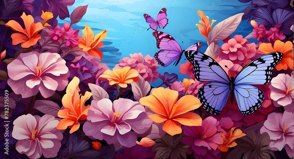 At dawn, vibrant purple tropical butterflies flutter over vibrant flowers. vivid summertime background At dawn, vibrant purple tropical butterflies flutter over vibrant flowers. vivid summertime background