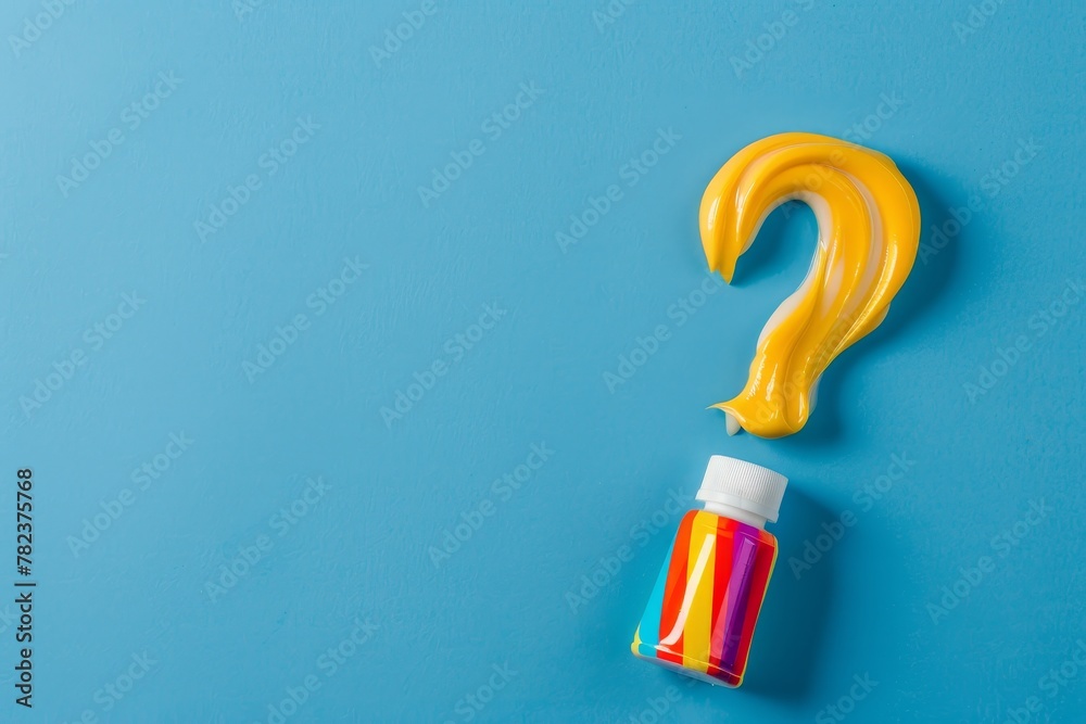 Toothpaste question mark on blue background for whitening teeth Contains colored tube with space for text Toothpaste question mark on blue background for whitening teeth Contains colored tube with space for text