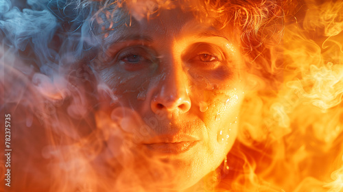 face of a middle-aged woman is covered with drops of sweat in steam, menopause hot flash concept photo