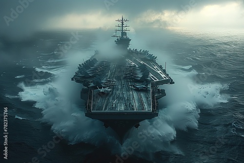 A military vessel rests atop expansive water under a vast sky