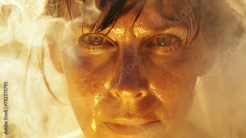 the face of a middle-aged woman is covered with drops of sweat in steam, menopause hot flash concept