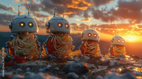 Cybernetic Spaghetti Sentinels Illuminated by Sunset Splendor a Whimsical Fusion of Nature and Futuristic Technology