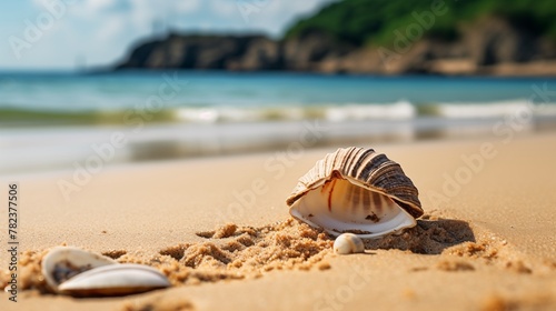Seashells scatter along sandy shores lining the coastline, forming a picturesque scene that evokes the tranquility of the seaside environment. 