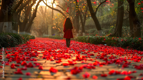 Girl in a red dress walking down a path covered in red flower petals