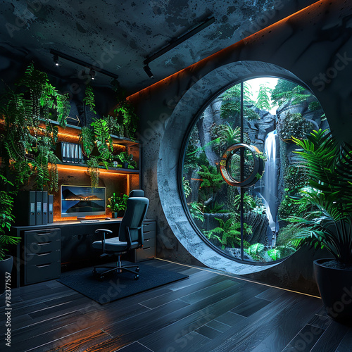 futuristic home office with large round window looking into a lush jungle