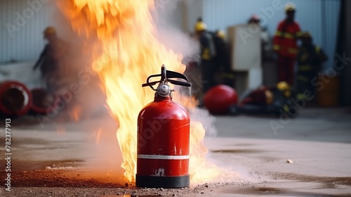 Demonstration of fire extinguisher use: safety equipment training ensuring proper handling and effective utilization in emergency situations for safety measures.
 photo