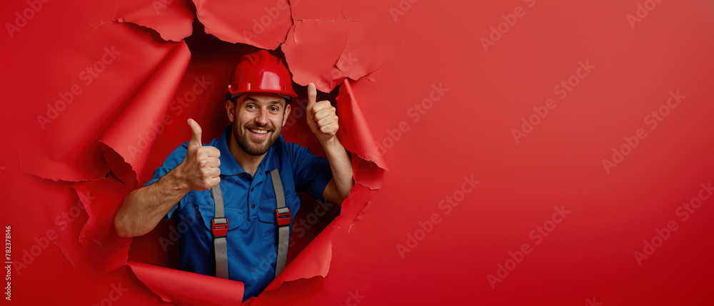 Fototapeta premium Optimistic worker popping through yellow wall Optimistic worker popping through yellow wall Optimistic worker with thumbs up emerging from bright red paper wall, wearing helmet and coveralls