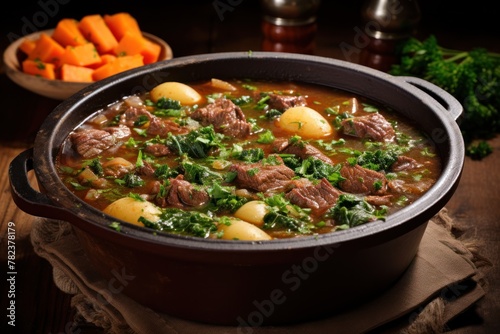 a pot of soup with meat and vegetables