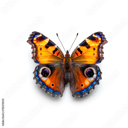 Orange and Blue Butterfly on White Background. Generative AI © jul_photolover