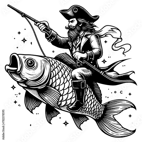 Pirate captain riding fish sketch engraving generative ai PNG illustration. T-shirt apparel print design. Scratch board imitation. Black and white image.