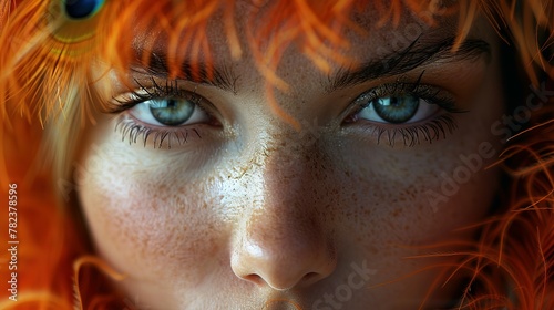 Portrait of confident young woman with peacock feather. Beautiful Fashion Woman Face