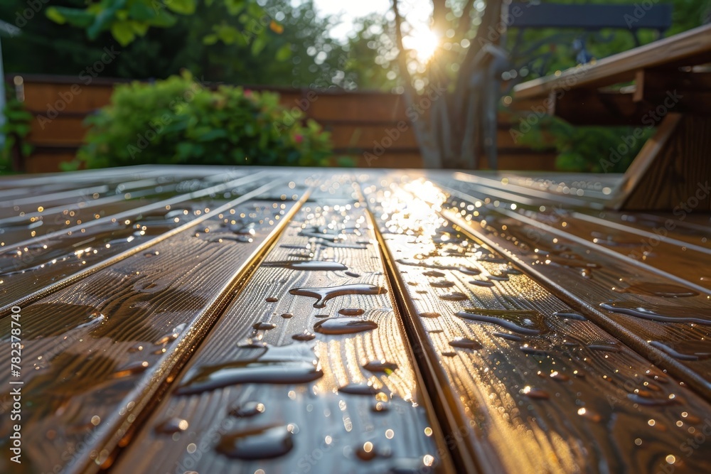 A close up of a newly sealed deck glistening after rain Sun reflects in water beads