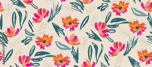 Cute feminine   seamless pattern with wildflowers.