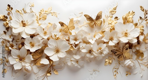 White oil-painted flowers with gold-tinted butterflies on white backgrounds