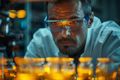 Scientist in lab coat goggles examines bottles in a laboratory
