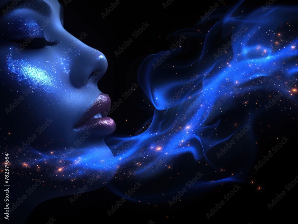 Woman's face merging with AIs glowing cosmic essence