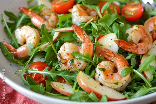 Arugula and cherry tomato salad with shrimp apple slices and parmesan
