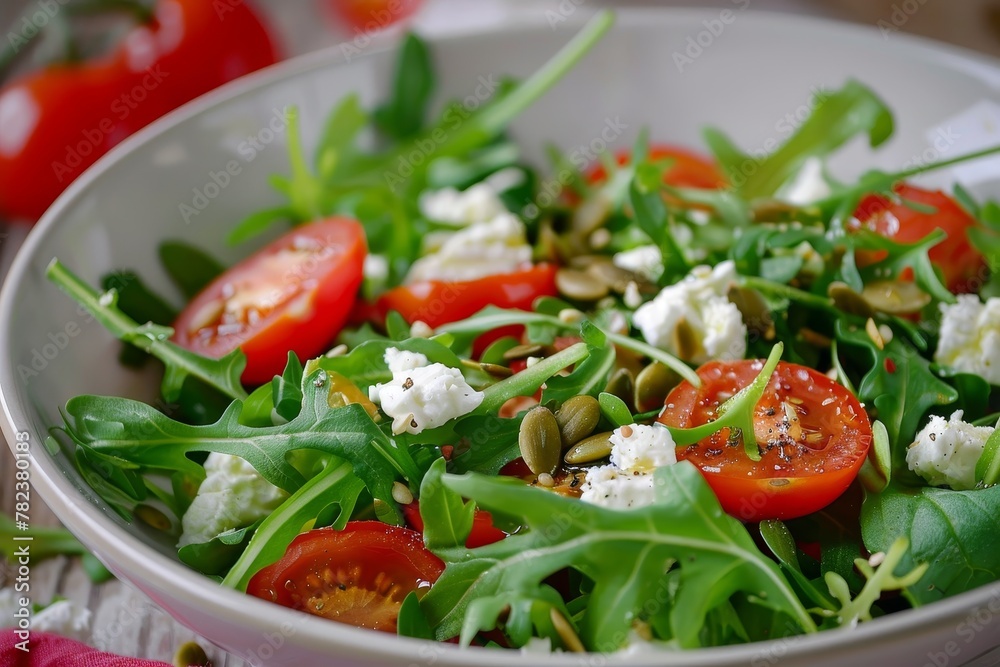 Arugula salad with goat cheese tomatoes and pumpkin seeds