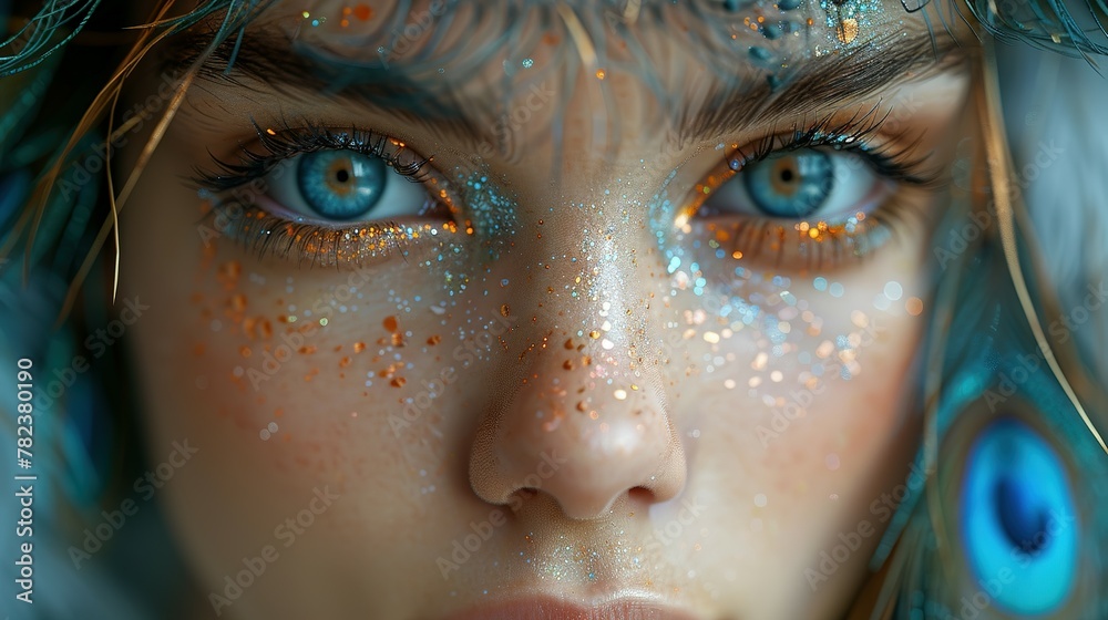 Portrait of confident young woman with peacock feather. Beautiful Fashion Woman Face