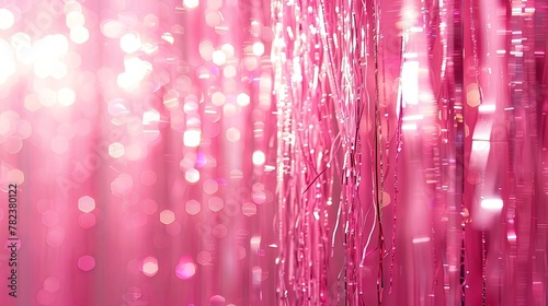 Pink holographic foil fringe, tinsel curtain for holidays party decoration. Sparkling background, neon trendy backdrop