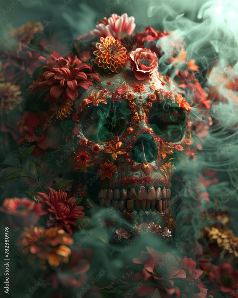 A mexican sugar skull with flowers and smoke surrounding it. A mexican sugar skull with flowers and smoke surrounding it.