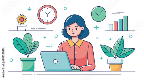 Line Art Vector: Businesswoman with Laptop, House Plant, and Clock, Isolated on White Background