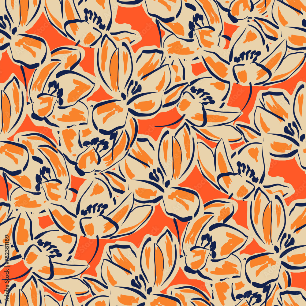 Simple monochrome  seamless pattern with flowers silhouette.