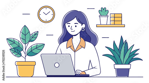 Line Art Vector: Businesswoman with Laptop, House Plant, and Clock, Isolated on White Background