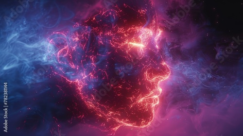 Colorful abstract neon background with blue and pink smoke patterns, resembling human face. Copy space. #782381144
