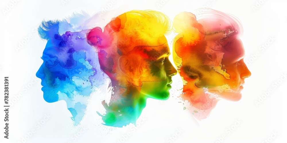 Three watercolor silhouette profiles blending, spectrum of colors, creative concept, abstract background