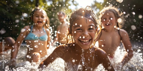 Group of joyful children playing in water  summer fun outdoors  sunlit faces  water droplets in air  playful mood.