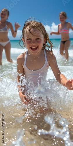 Happy child playing in sea waves, two girls in background, sunny beach day, summer vacation, water splashes, childhood joy