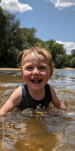 Smiling toddler with sandy blonde hair swimming in river, sunny day, joyful outdoor activity, summer fun for kids. Copy space.