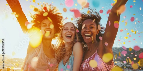 Three joyful women celebrating with confetti, diverse ethnicities, vibrant colors, outdoor summer vacation setting, sunset light. photo