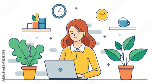 Line Art Vector: Businesswoman with Laptop, House Plant, and Clock, Isolated on White Background
