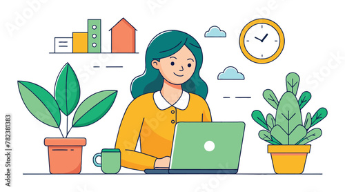 Line Art Vector: Businesswoman with Laptop, House Plant, and Clock, Isolated on White Background