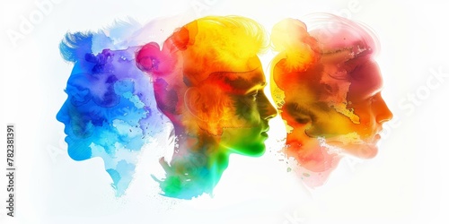 Three watercolor silhouette profiles blending, spectrum of colors, creative concept, abstract background