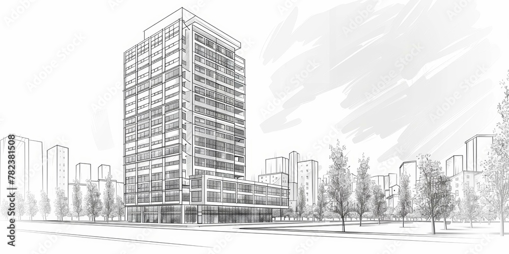 Naklejka premium Black and white sketch of modern office building with trees and cityscape, minimalistic architectural drawing, urban planning design. Copy space.