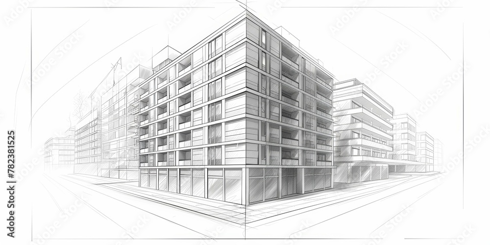 Architectural sketch of modern apartment buildings in grayscale, urban planning concept, detailed line drawing. Copy space.
