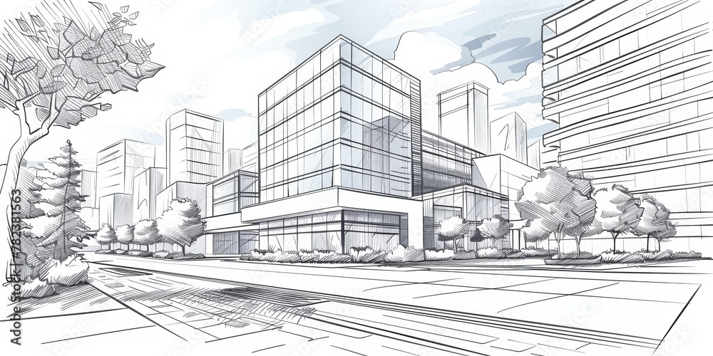 Architectural sketch of modern cityscape with office buildings, trees, and wide streets, black and white