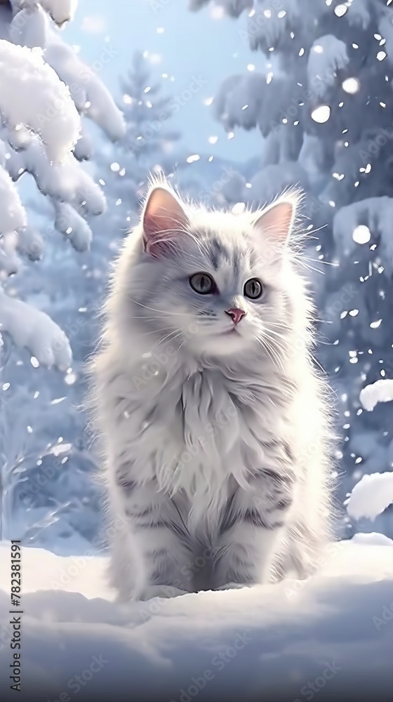 Cute Kitten Playing in Snowy Landscape Generative AI