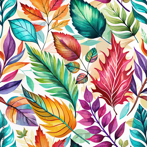 A variety of colorful leaves in different shapes and sizes are depicted in a watercolor style  creating a vibrant and playful botanical pattern