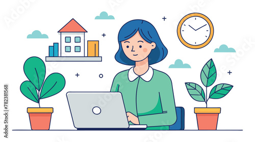 Line Art Vector: Businesswoman with Laptop, House Plant, and Clock, Isolated on White Background