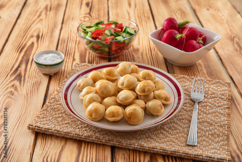 Fried dumplings in a plate, radishes and fresh vegetable salad