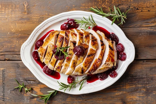 Grilled turkey slices with cranberry and rosemary on white dish on old wooden table close up view from above