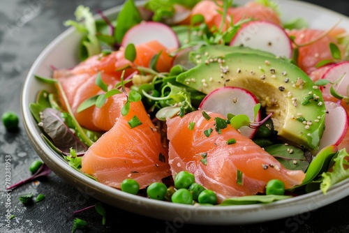 Healthy and delicious salad with salmon greens avocado grapefruit radish and green pea