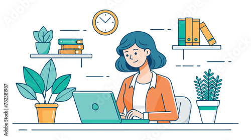 Line Art Vector: Businesswoman with Laptop, House Plant, and Clock, Isolated on White Background
