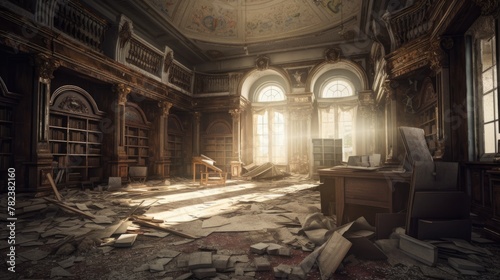 Abandoned Ornate Library with Scattered Dusty Books Generative AI